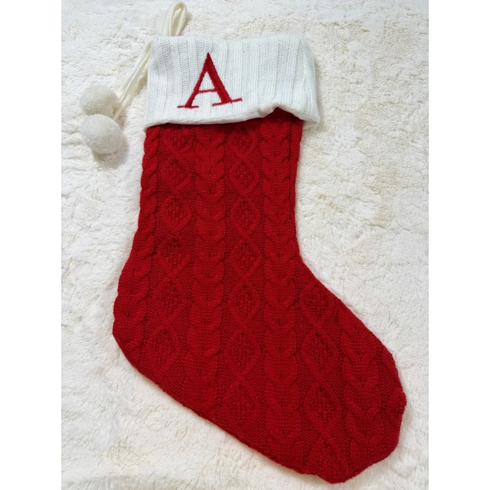 Red Faux Fur Santa Hat & Monogram Letter A Cable Knit Stocking